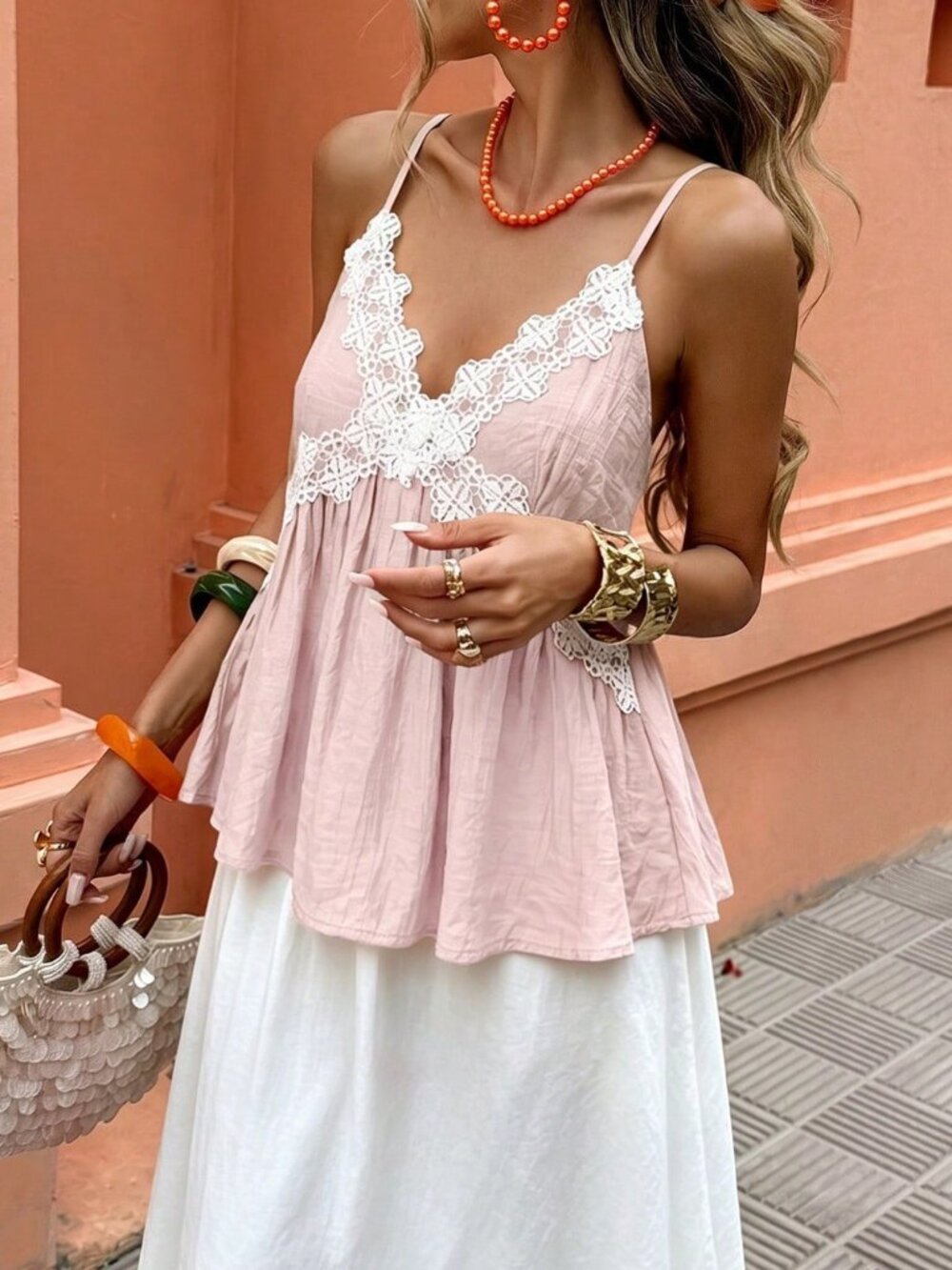 Pink Casual Women's Vacation Beach Lace Trim Camisole Top - Picture 5 of 6
